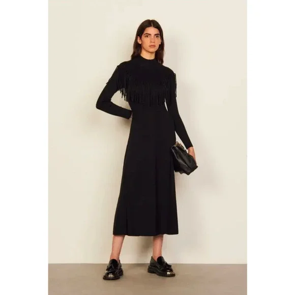 Sandro | Dresses | Sandro Black Wool Knit Long Sleeve Long Dress With  Fringing Size Fr 38us 6 | Poshmark